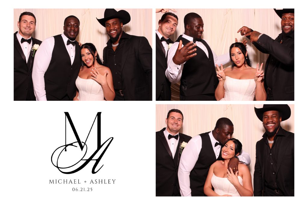 A 4x4 wedding photo booth print from In The Mix Event Group featuring multiple candid shots of guests celebrating.